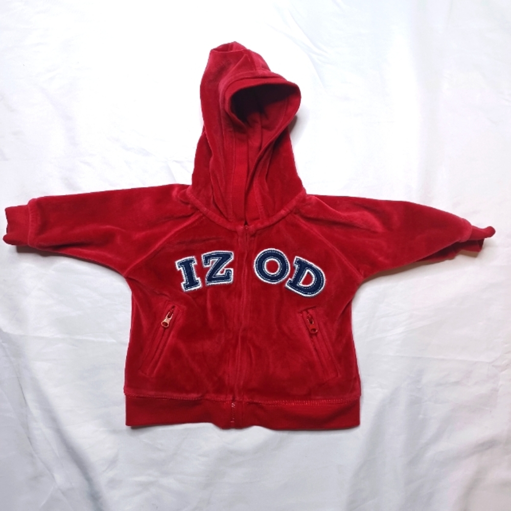 IZOD Red Velvet Infant Boy's Blue Embroidered Logo Hooded Jacket Size 3-6 Months